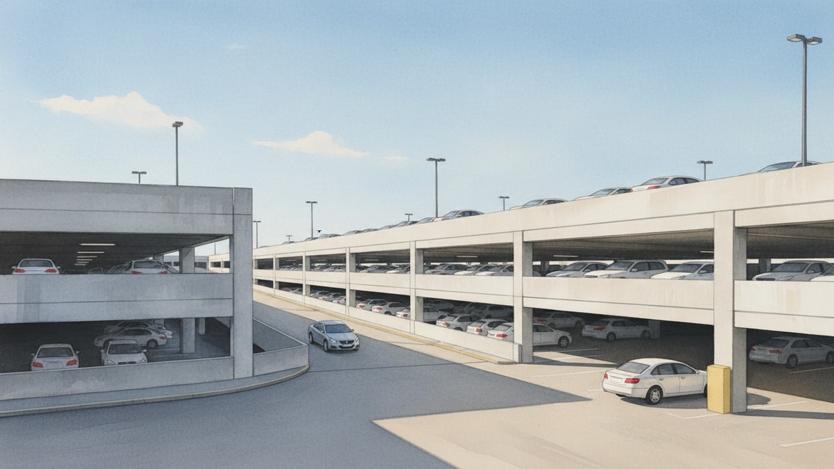 Multi-story parking structure at New Chitose Airport under a clear blue sky