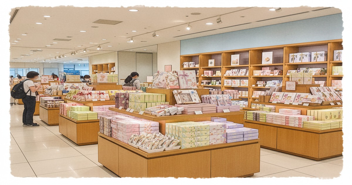 Seasonal limited-edition Hokkaido confectionery products lining the souvenir shelves at New Chitose Airport